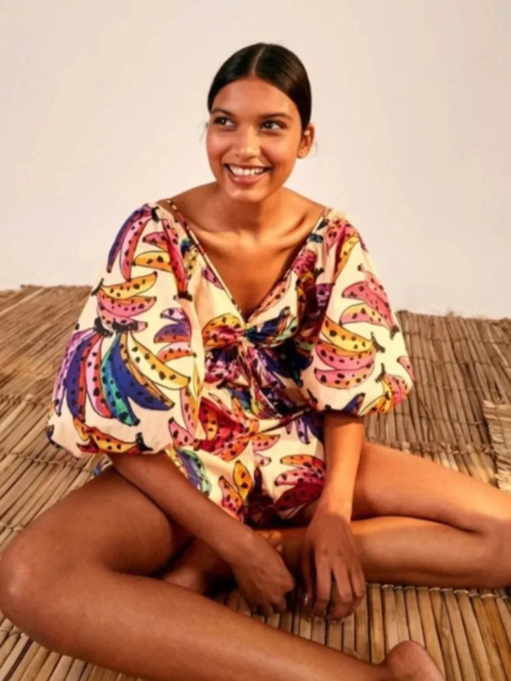 Farm Rio Banana Bunch Puff-Sleeve Top in Cream Large